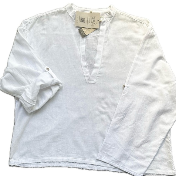 Organic Linen Cotton Blend Boho White Relaxed Fit Shirt | Adjustable Sleeves - Picture 10 of 11